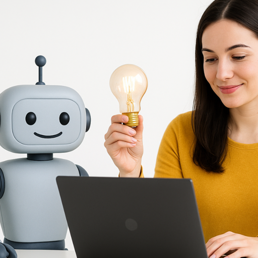 AI Roboter And Woman At Notebook With A Light Bulb