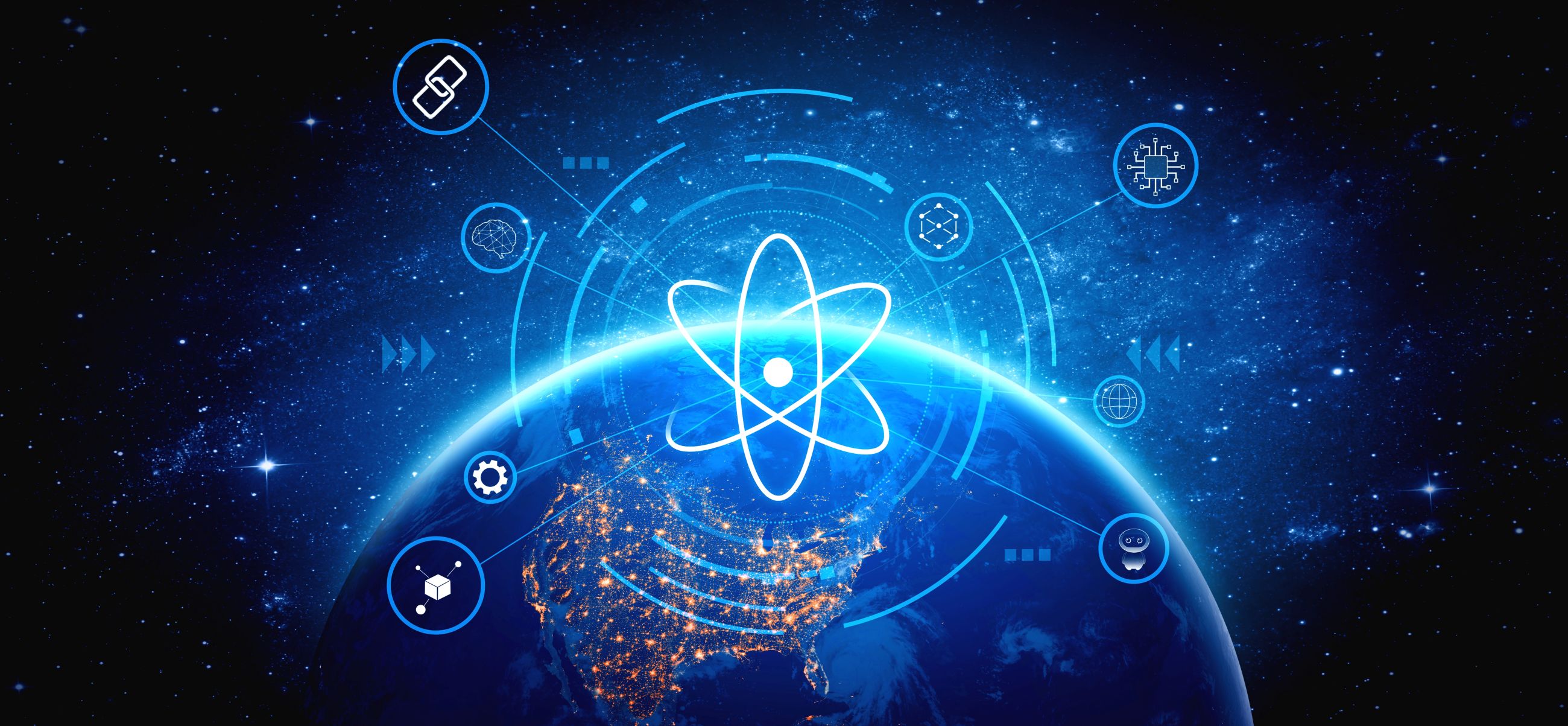 Glowing Earth Surrounded By Futuristic Technology Icons In Space.