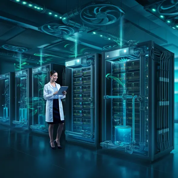 Woman In Front Of A Liquid Cooling Rack