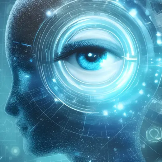 Futuristic Digital Artwork Of A Human Profile With A Large Blue Eye Surrounded By Glowing Circuitry And Patterns