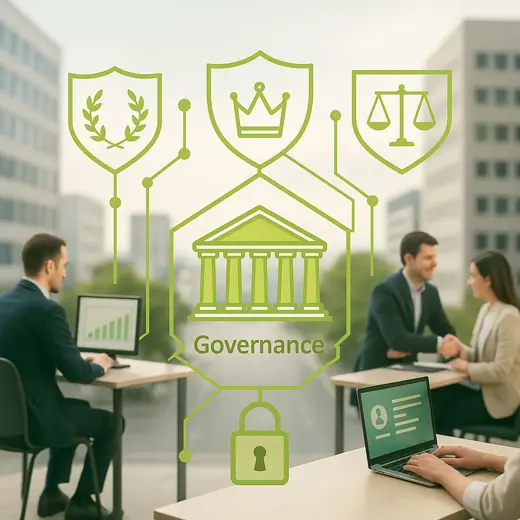 Businesspeople Working On Laptops With Governance Icons Overlaid Including Crown And Courthouse