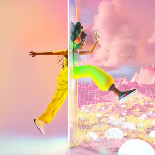 Woman Jumping Headsets Into Artificial Landscape