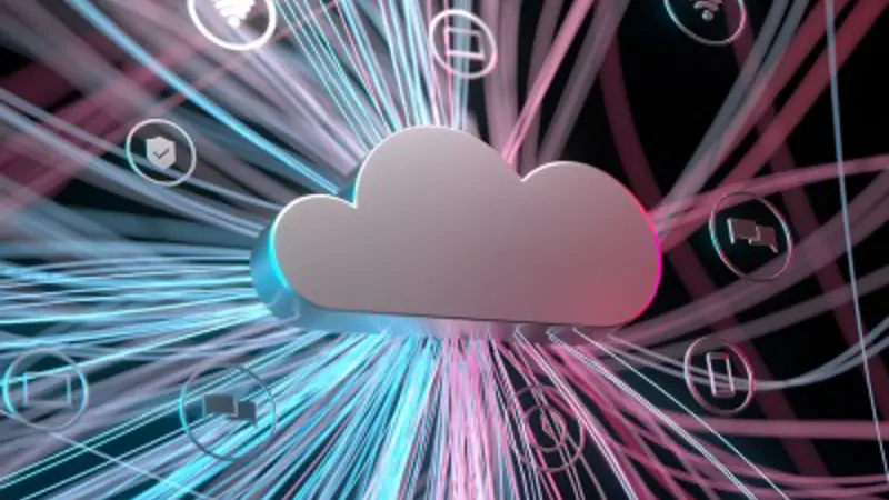 Many coloured lines joining together and a cloud symbol over the joining point (Vmware News)