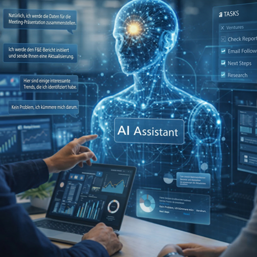 Human At Notebook With A Virtual AI Assitant