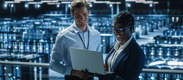 IT Specialist And Female IT Specialist In The Data Centre Smiling And Looking At A Laptop
