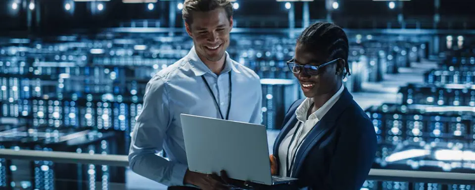IT Specialist And Female IT Specialist In The Data Centre Smiling And Looking At A Laptop