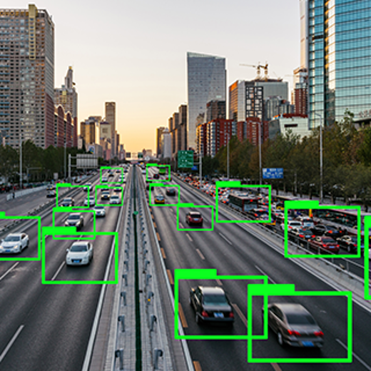 A Busy City Highway At Sunset, With Various Cars Highlighted In Green Boxes To Indicate Tracking Or Analysis Of Traffic Flow.