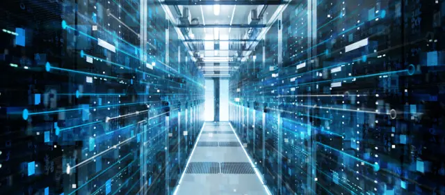 Data Center illuminated by blue and white light trails