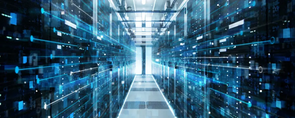 Data Center illuminated by blue and white light trails