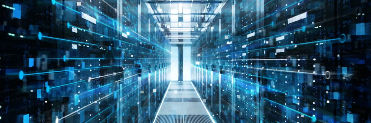 Data Center illuminated by blue and white light trails
