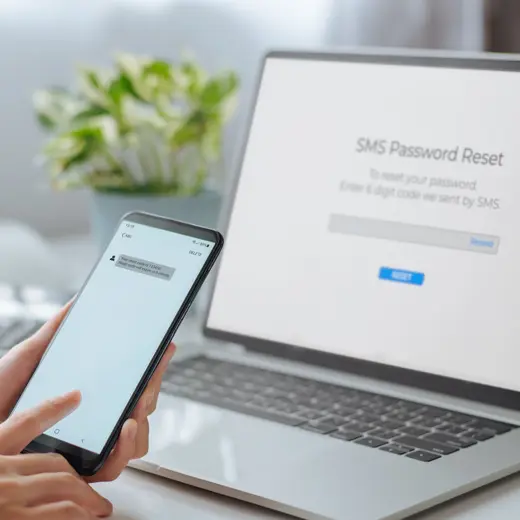 A Person Holds A Smartphone Displaying An SMS Code For Password Reset While A Laptop Shows A Password Reset Page.
