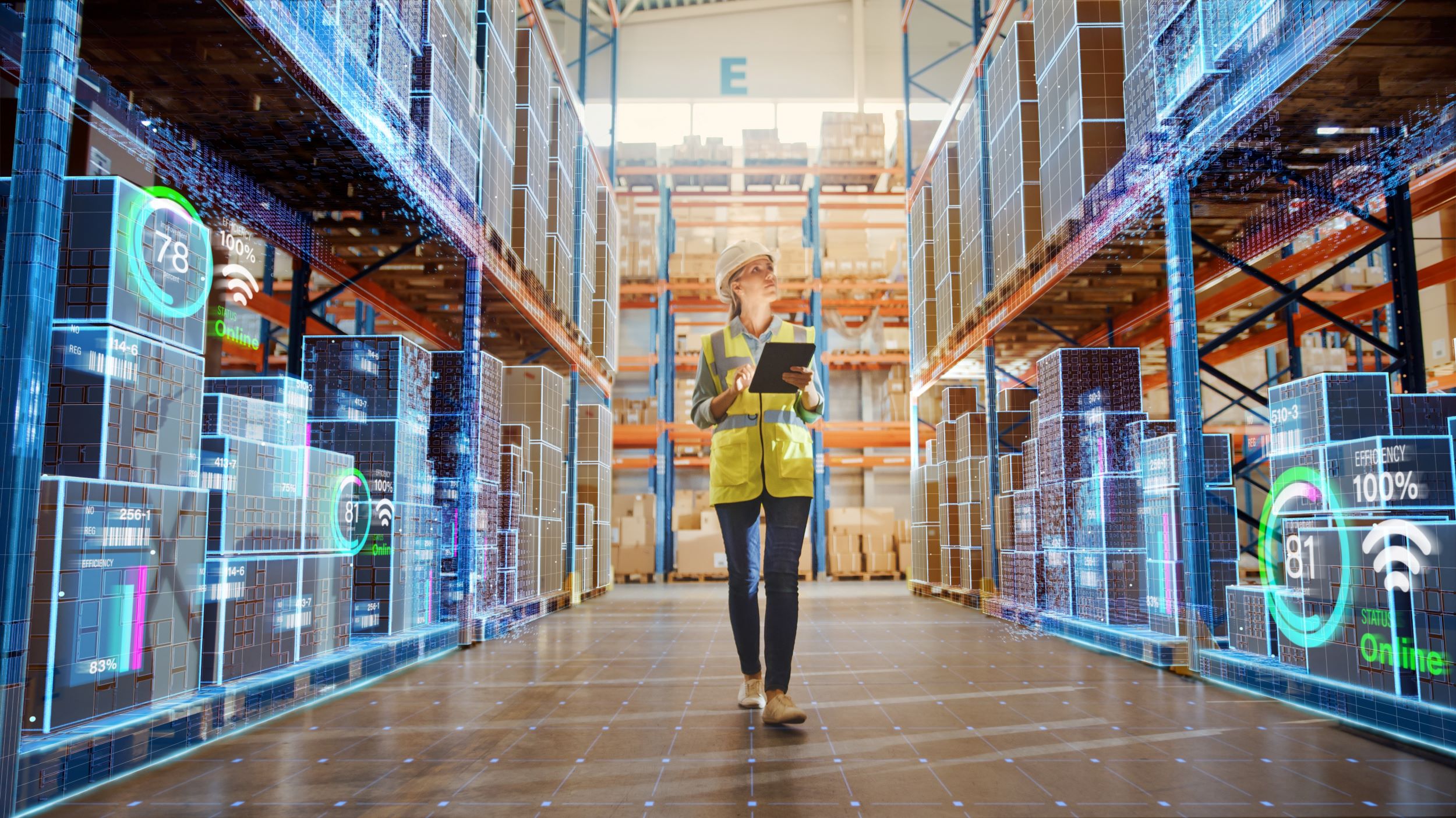 Woman Uses Digital Tablet To Work On A Logistics Warehouse
