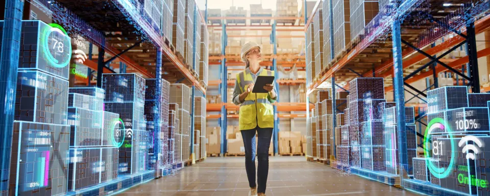 Woman Uses Digital Tablet To Work On A Logistics Warehouse