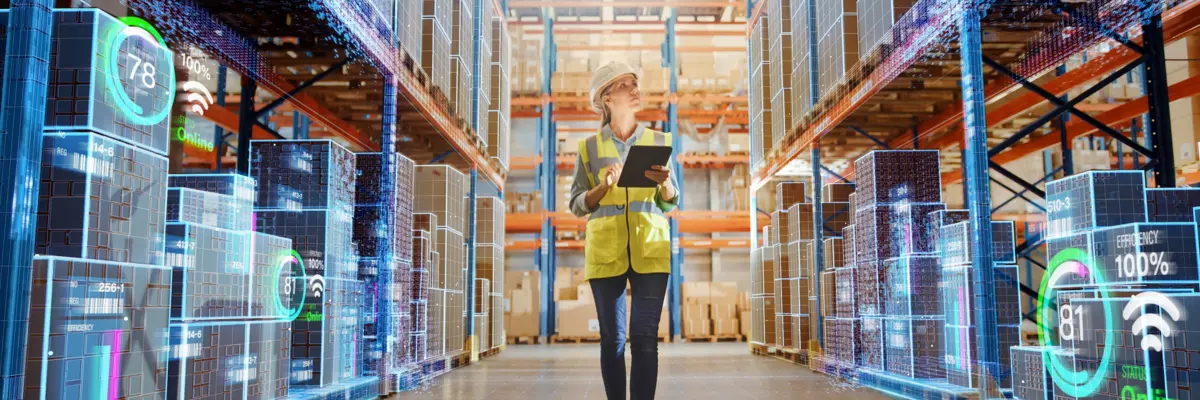 Woman Uses Digital Tablet To Work On A Logistics Warehouse