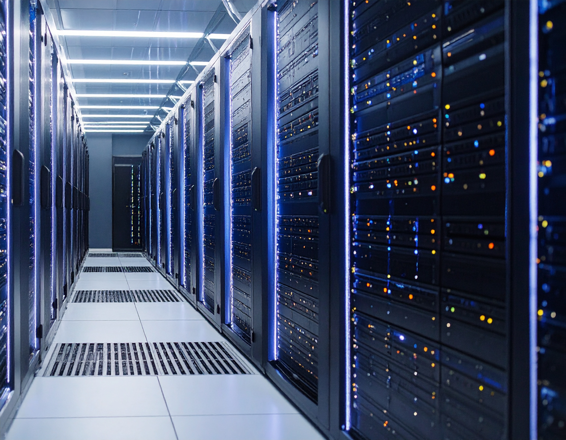 Server Racks in a Professional Data Center in Blue Light
