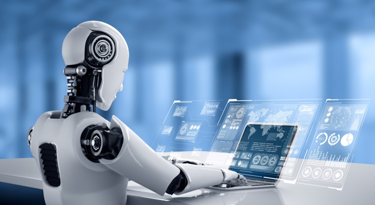 Robot Sitting In Front Of Virtual Screen