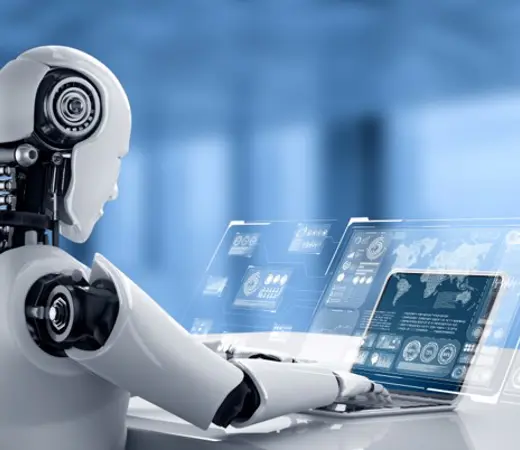 Robot Sitting In Front Of Virtual Screen
