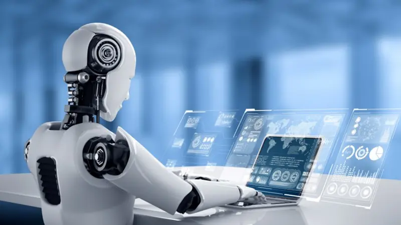 Robot Sitting In Front Of Virtual Screen