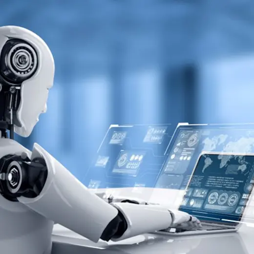 Robot Sitting In Front Of Virtual Screen