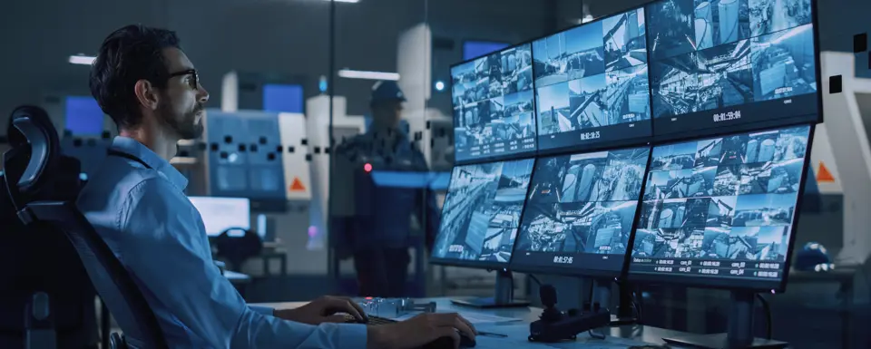 Man Sitting In Front Of Monitors Showing Surveillance Camera Feeds