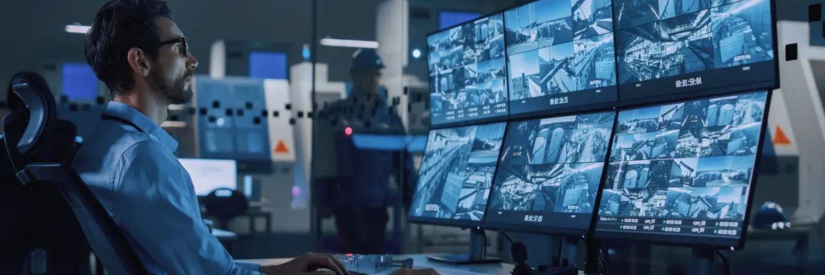 Man Sitting In Front Of Monitors Showing Surveillance Camera Feeds