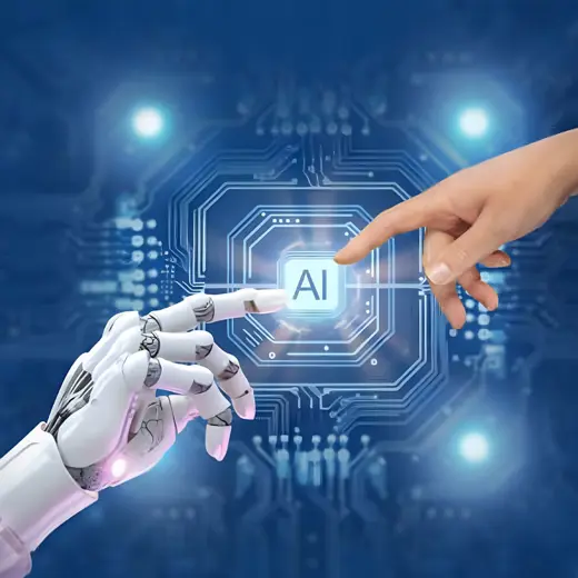 A Robotic And A Human Hand Reach Towards Each Other Nearly Touching A Glowing AI Button