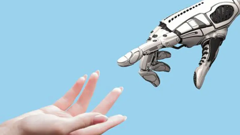 A human hand reaching out to a robot arm (Align Ai)