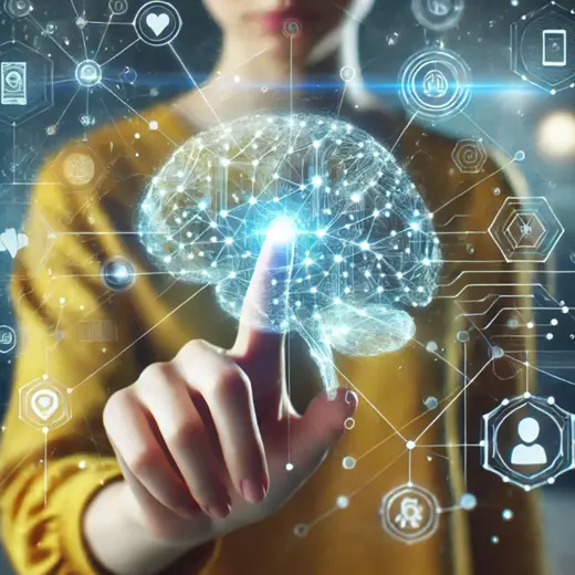 A Person In A Yellow Shirt Points To A Glowing Digital Brain With Interconnected Nodes And Icons