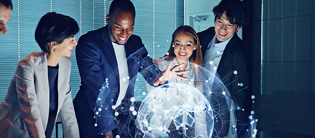 A Group Of Professionals Collaborate Around A Holographic Globe Displaying Interconnected Data And Technology Concepts