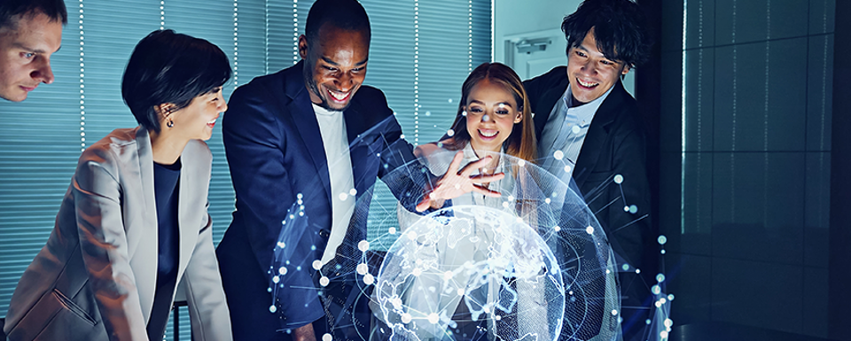 A Group Of Professionals Collaborate Around A Holographic Globe Displaying Interconnected Data And Technology Concepts