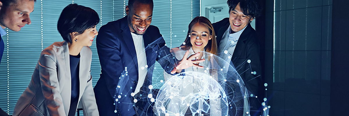 A Group Of Professionals Collaborate Around A Holographic Globe Displaying Interconnected Data And Technology Concepts