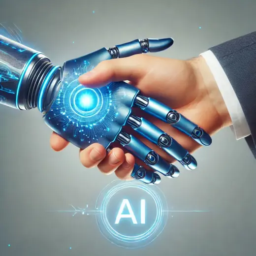 A Human Hand Shakes Hands With A Futuristic Blue Robotic Hand Symbolizing AI Collaboration