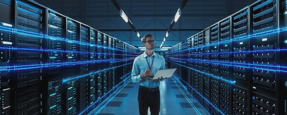 Man Data Center Holding Laptop