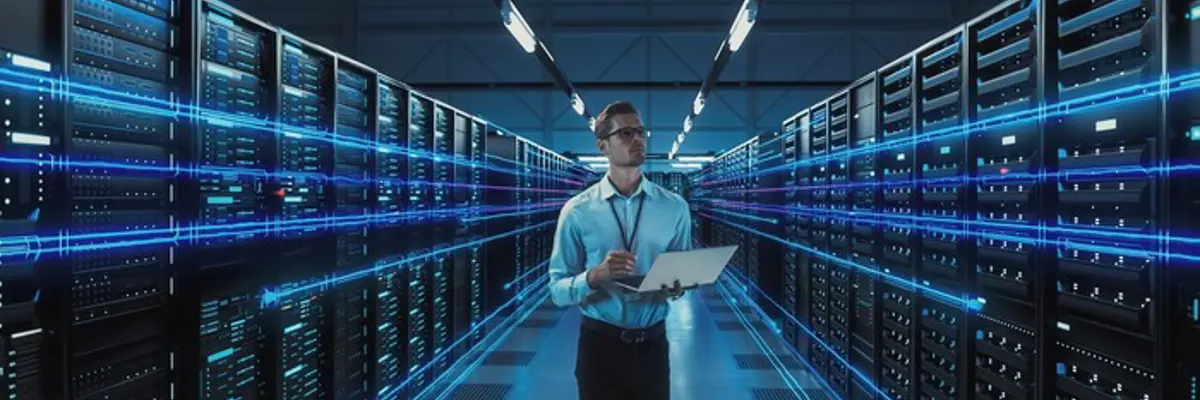 Man Data Center Holding Laptop