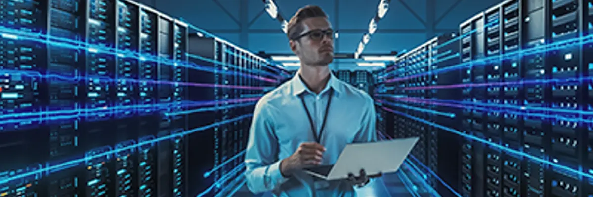 Man In A Serverrom With Notebook