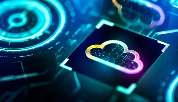 close-up of a digital display, with a prominent cloud icon in vibrant colors at its center