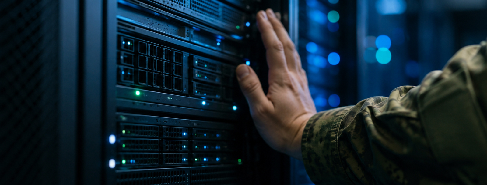 Man In Military Uniform Touching Data Servers